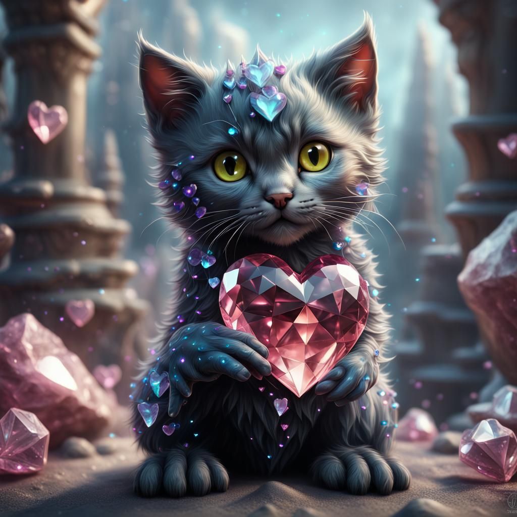 Crystalline Heart Kitten: Detailed Fantasy Art