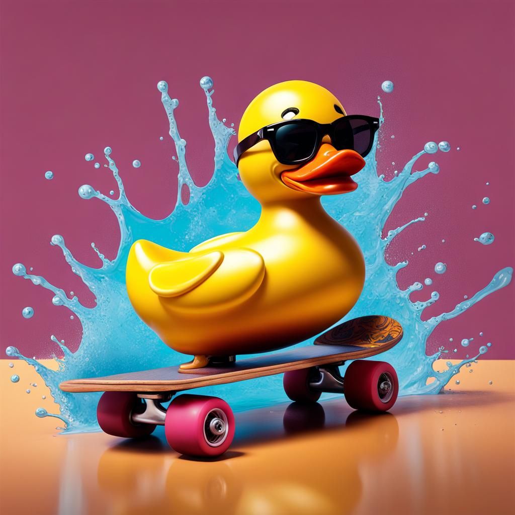 Hyperrealistic Rubber Duck Skateboarder in Splash Art