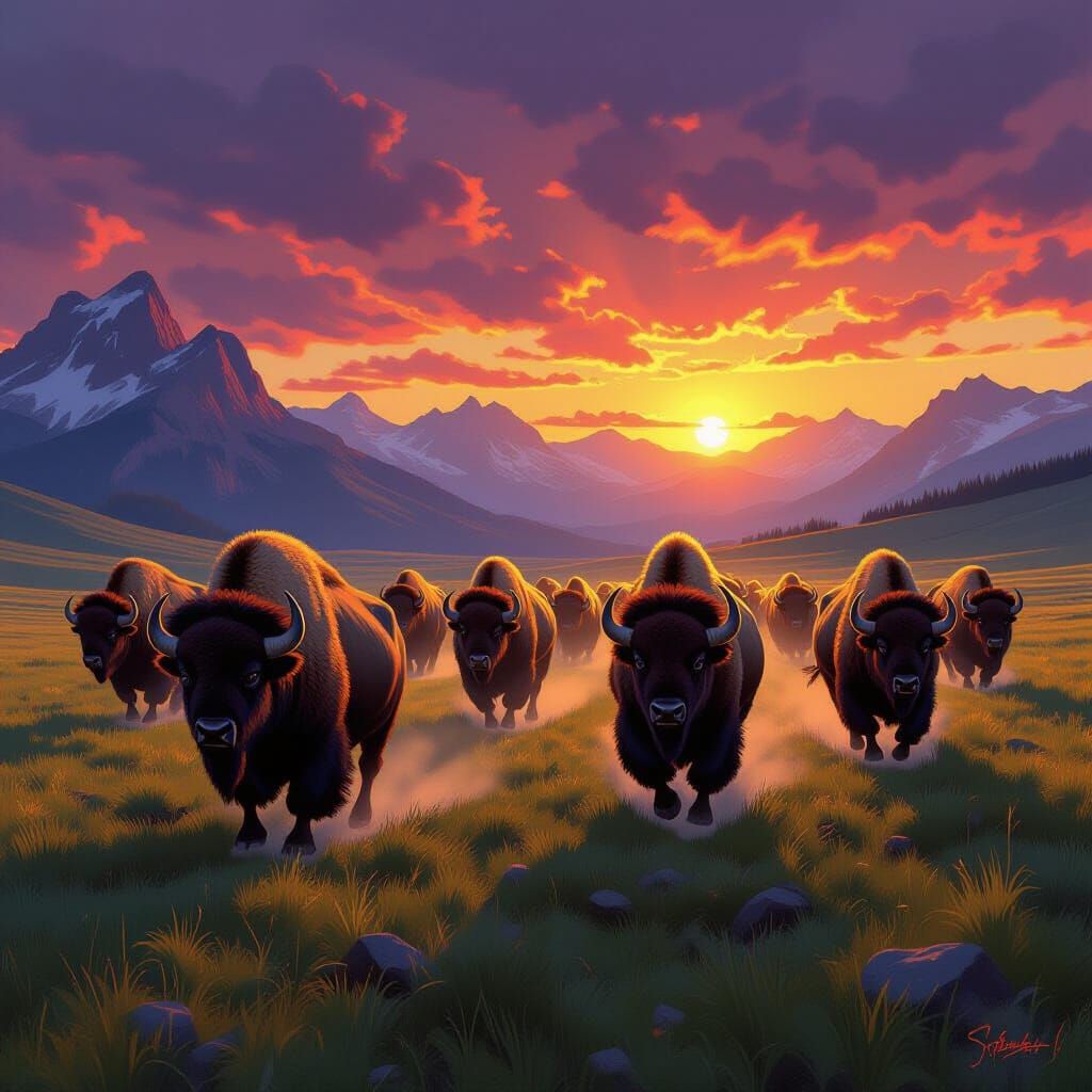 Bison Stampede Across Prairie in Dramatic Landscape