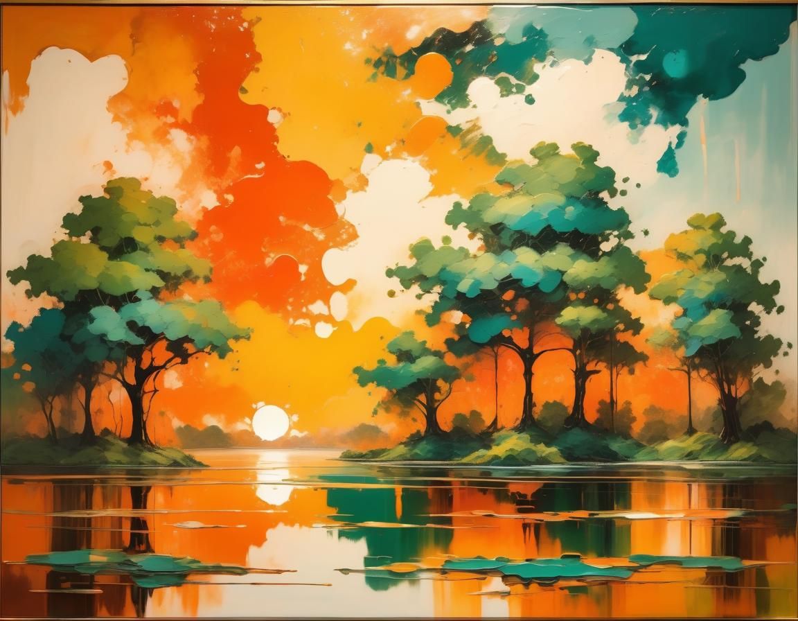 Abstract Waterscape Painting with Lake Reflection