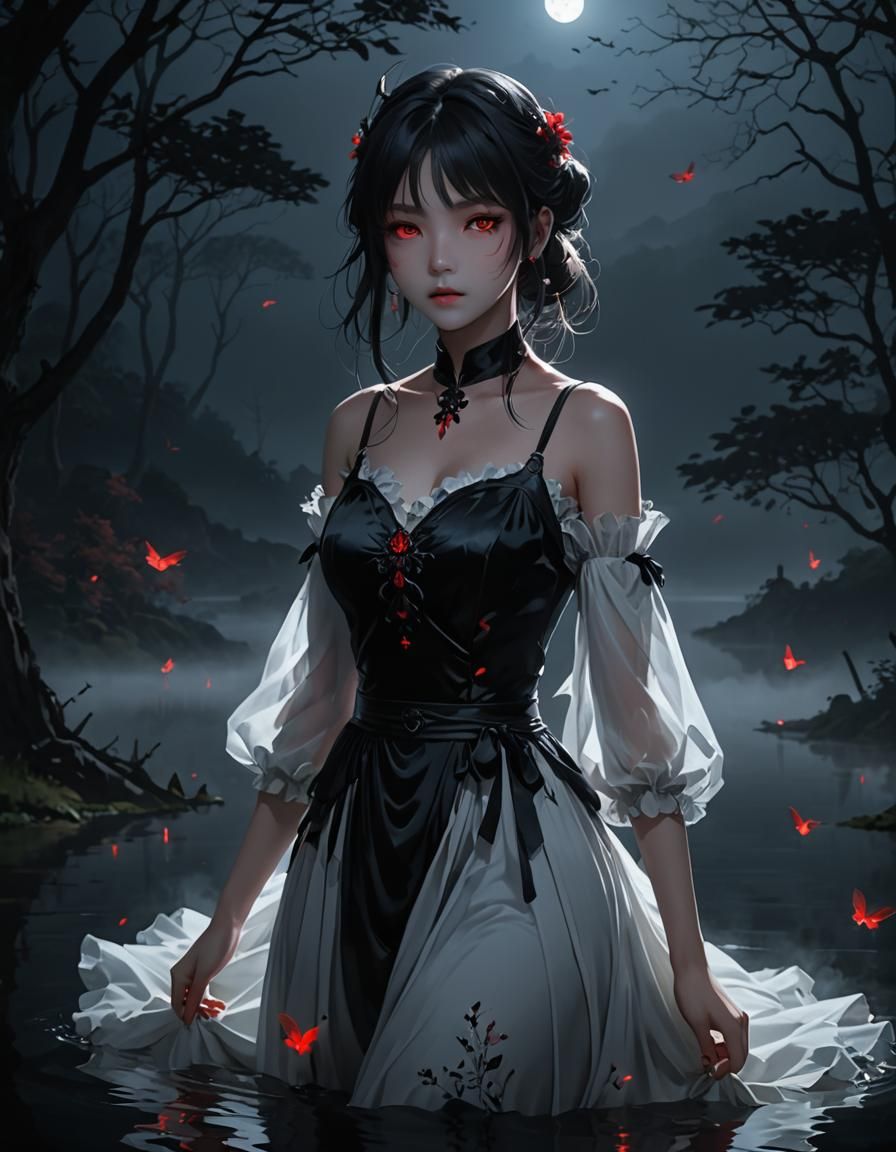 Eerie Anime Figure in Glowing Velvet Dress