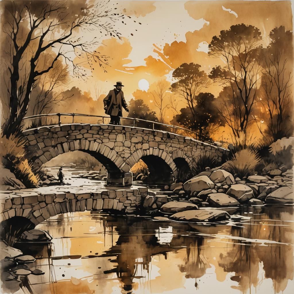 Ink Painting of Bridge Crossing at Sunset