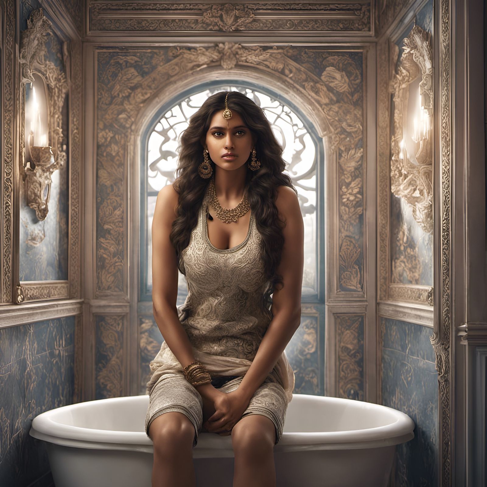 Indian Woman in Ornate Bathroom, Hypermaximalist Style