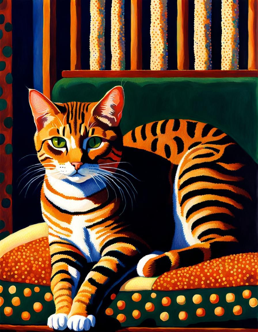 Pointillism style image depicting a  cat on bed