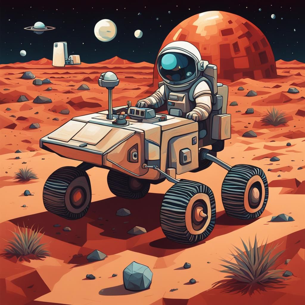 Mars Rover and Cat in Cubist Desert Wasteland