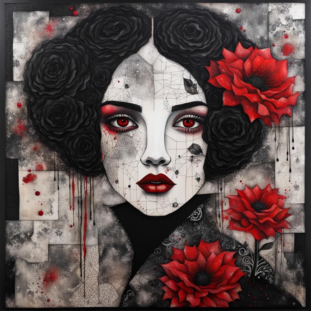 Gothic Woman with Red Flower, Mixed Media Art