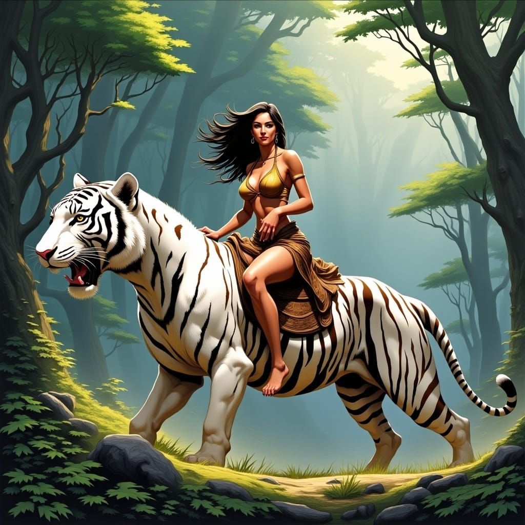Woman Riding White Tiger in Jungle Fantasy Art
