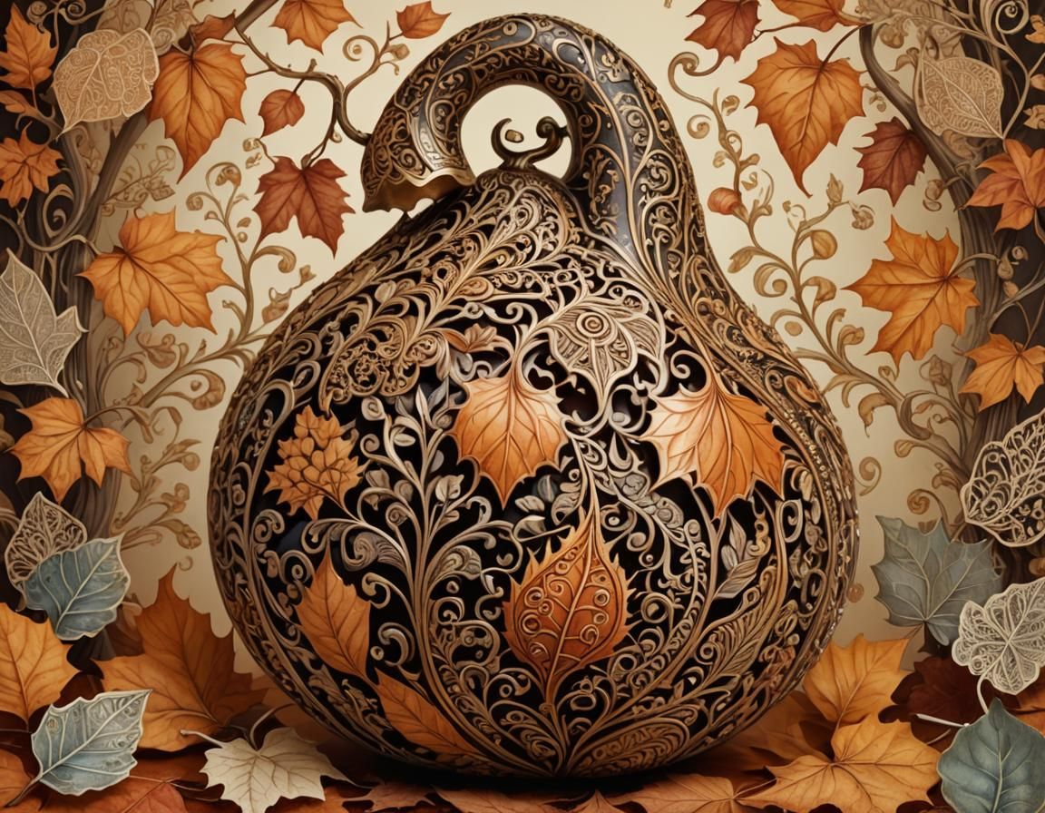 Ornate Gourd with Autumn Leaves in Zentangle Style