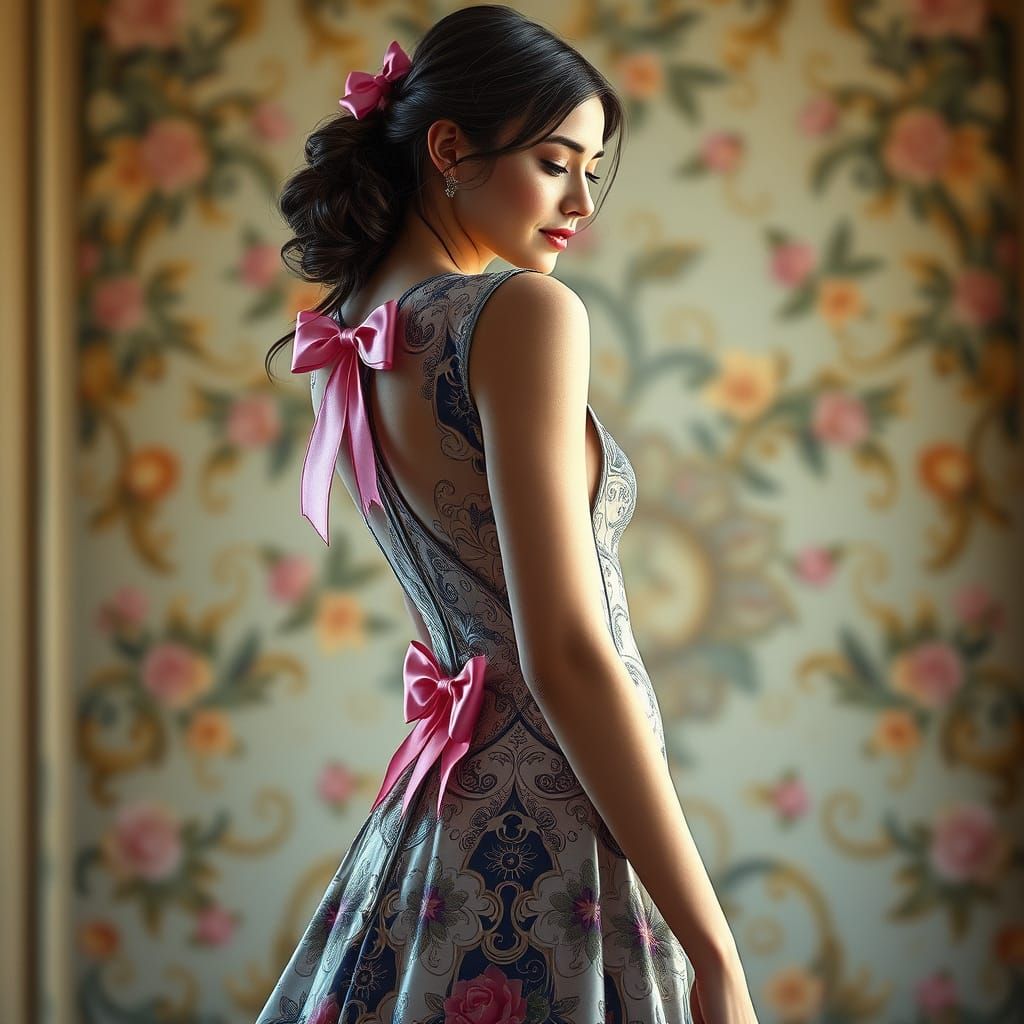 Elegant Woman in Dress with Pink Bows