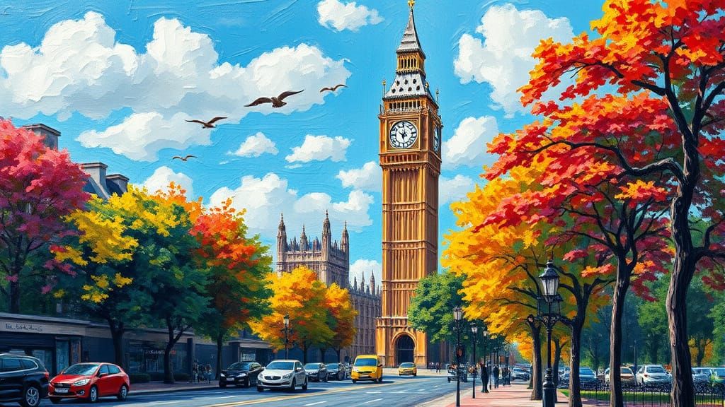 London's Big Ben Tower: Neo-Impressionist Oil Painting
