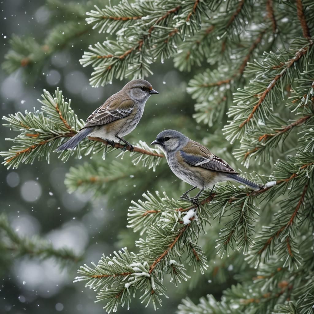 Bird on Snowy Branch: Serene Winter Landscape