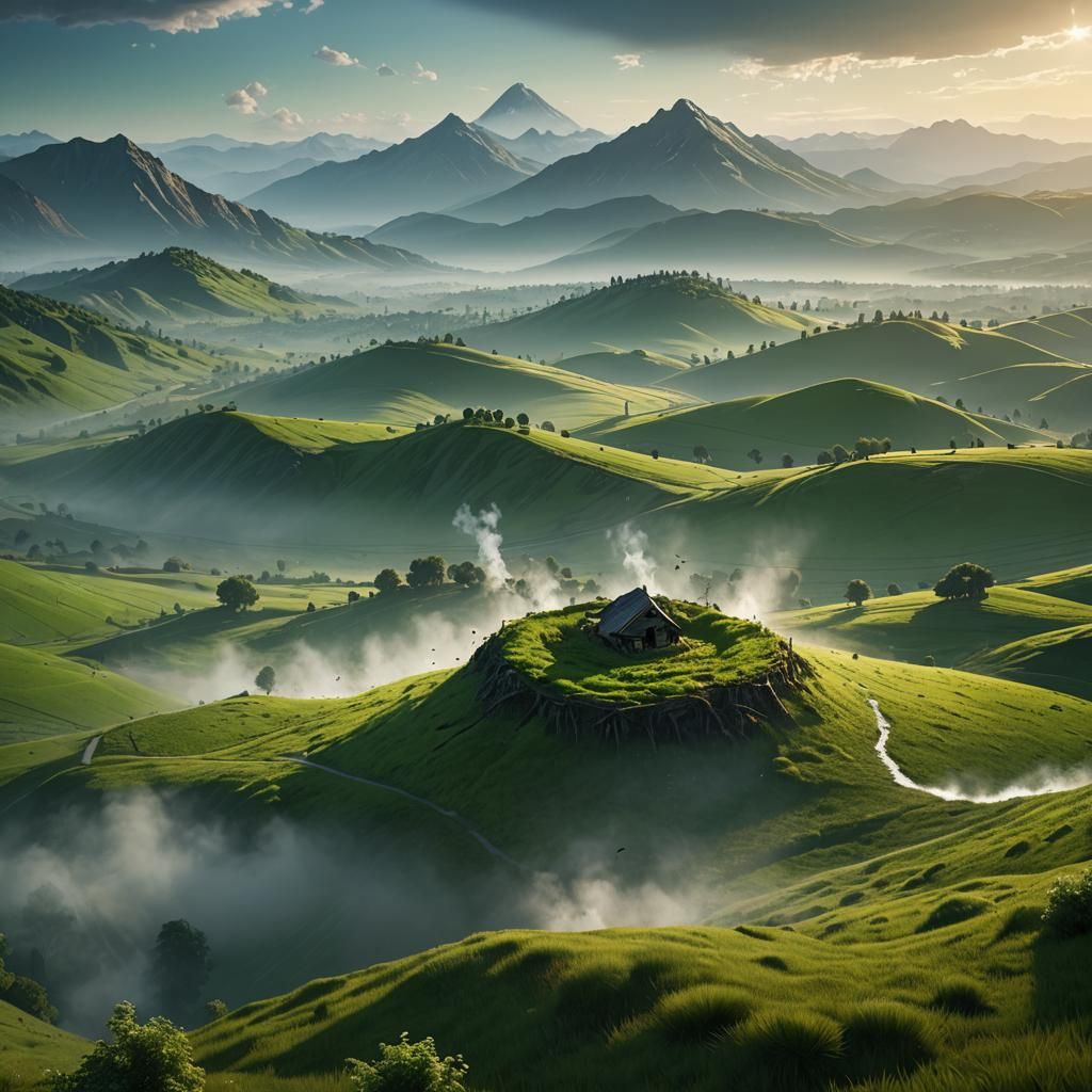 Green Field at Dawn: A Matte Painting