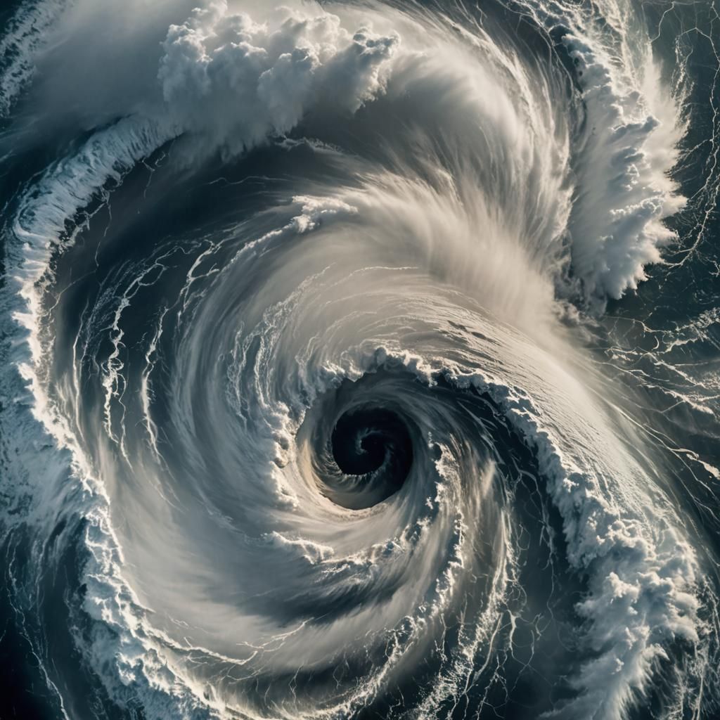Aerial View of Hurricane Eye in Swirling Storm