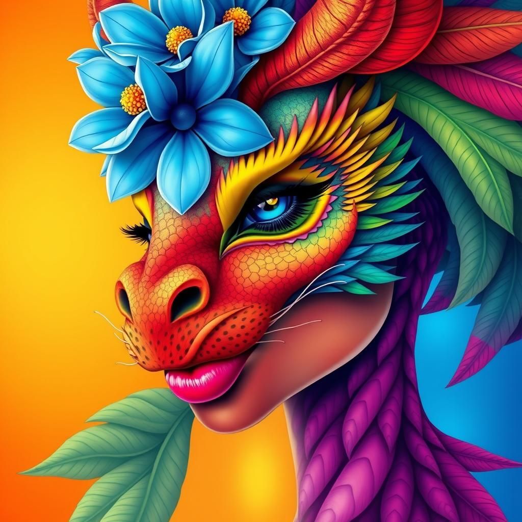 Rainbow Dragon Woman with Flower Crown, Abstract Art