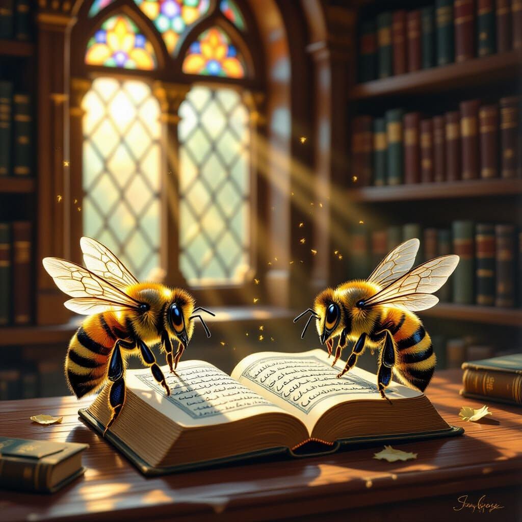 Bees Reading Ancient Texts in a Sunlit Library