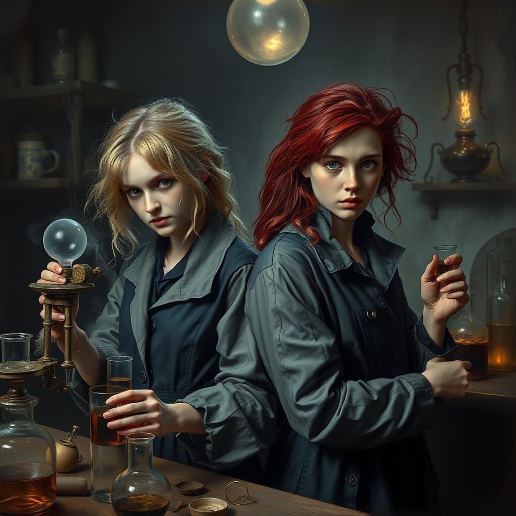 18th Century Portrait: Twin Scientists in Gothic Lab