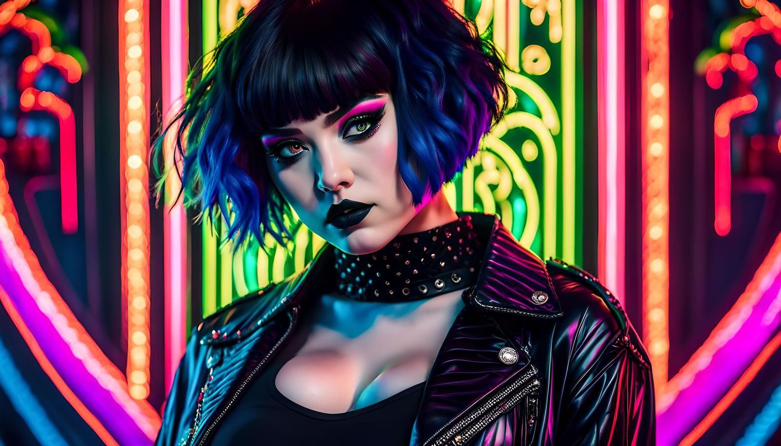 Goth Girl Portrait with Neon Lighting, Manga Style