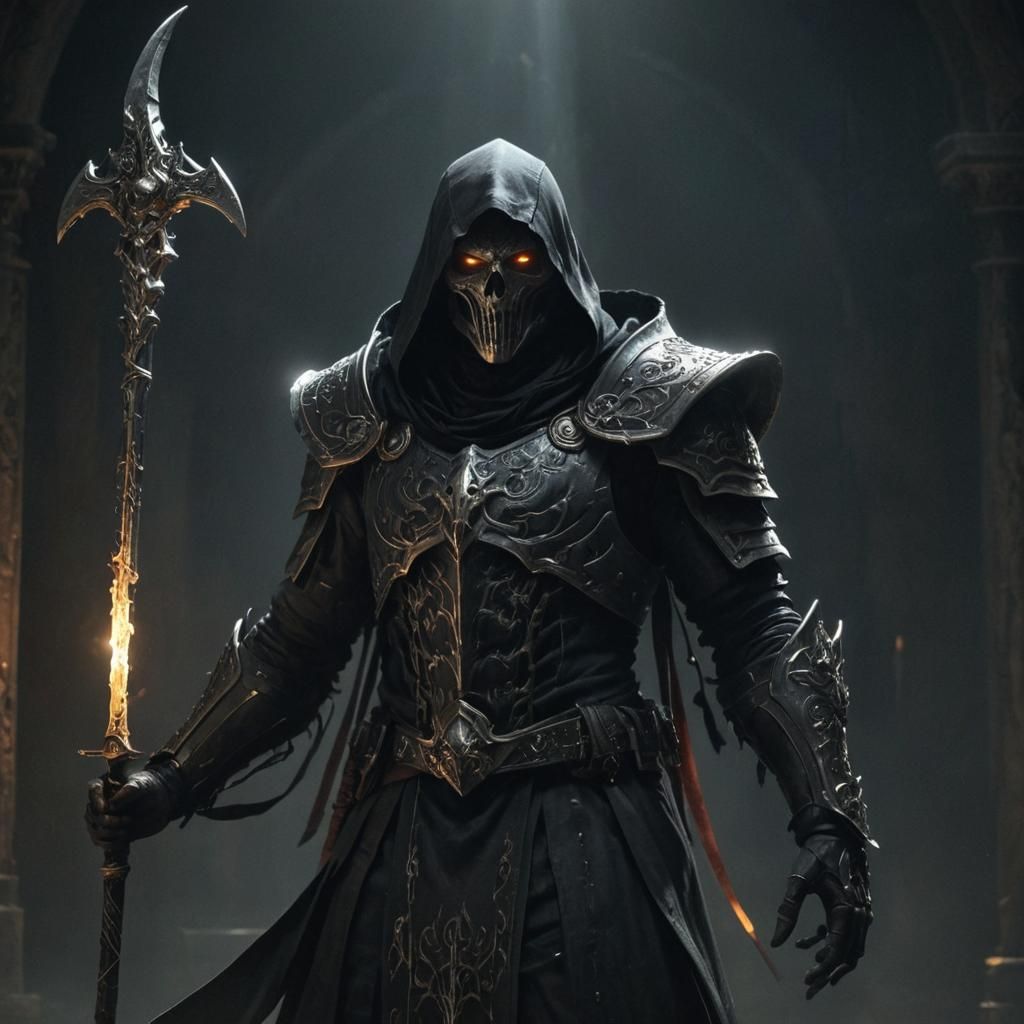 Dark Cleric of Death in Ornate Chamber