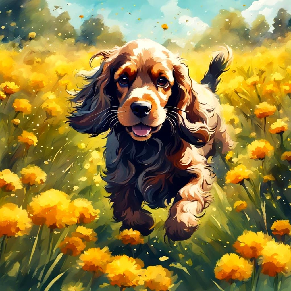 Cute Cocker Spaniel Puppy Runs Through Sunny Dandelion Field