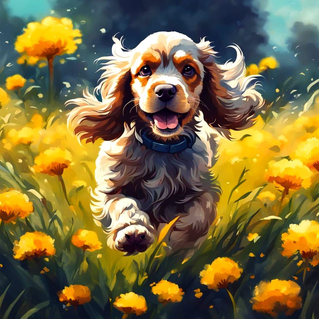 Cute Cocker Spaniel Puppy Chases Dandelions in a Sunny Europ...