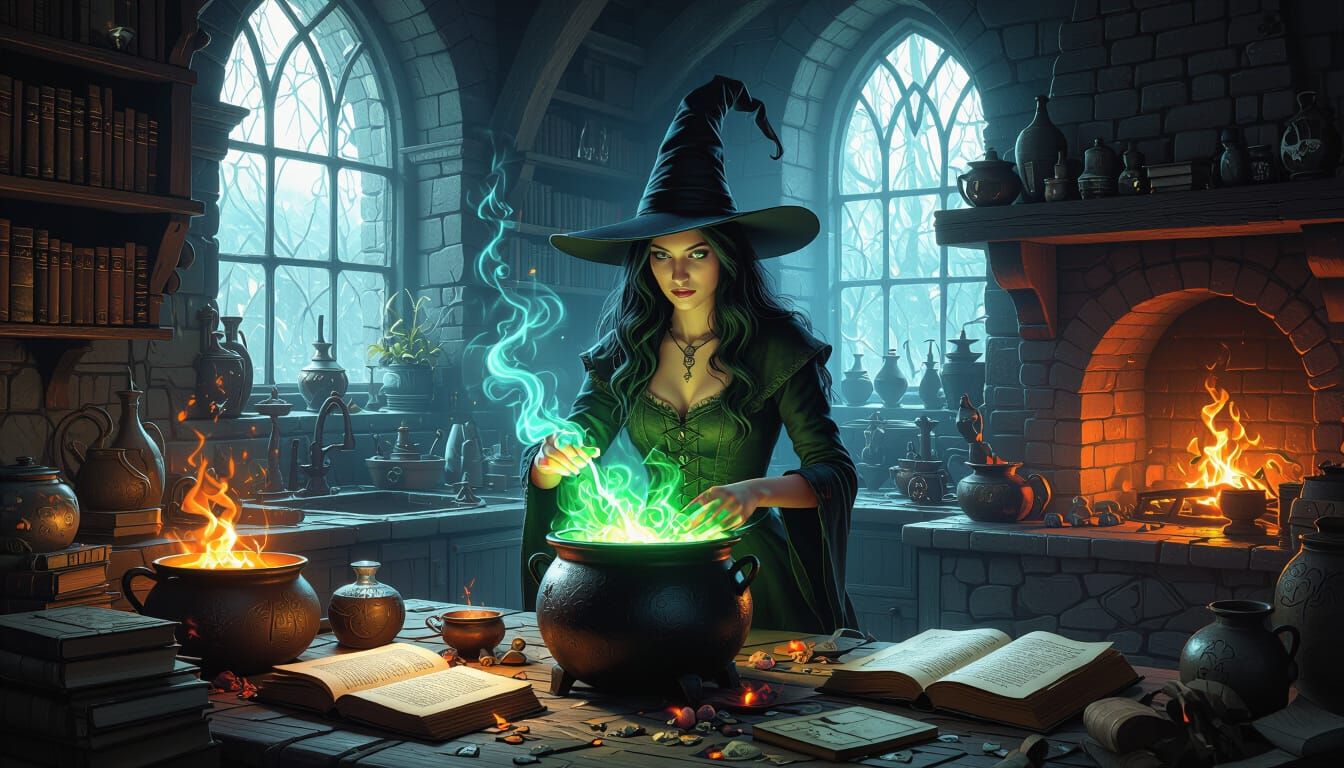 Witch Brewing Potion in Mystical Kitchen