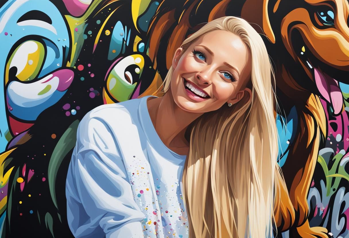 Woman Holding Dachshund in Graffiti Splash Art