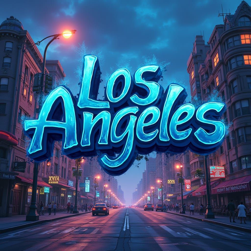 Los Angeles Cityscape in Graffiti Font, Digital Art