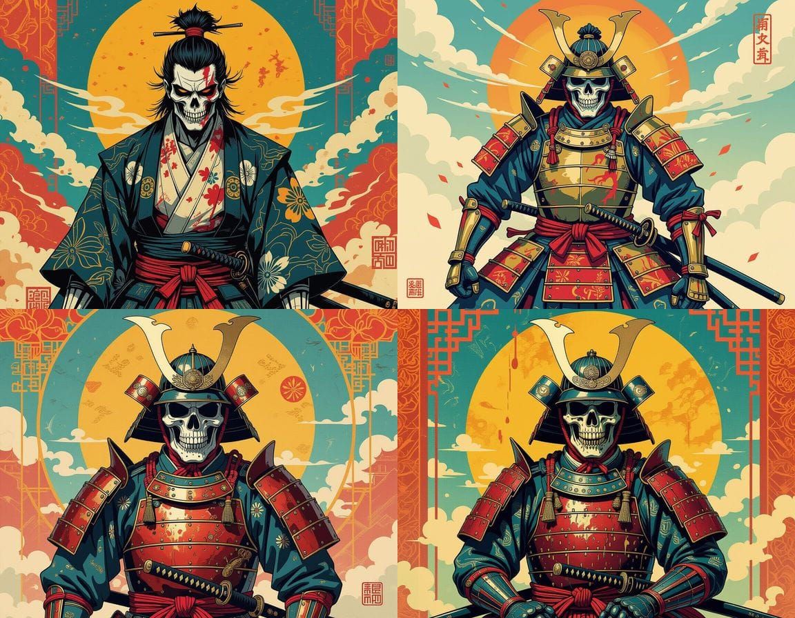 Melting Samurai in Art Deco Gouache Style