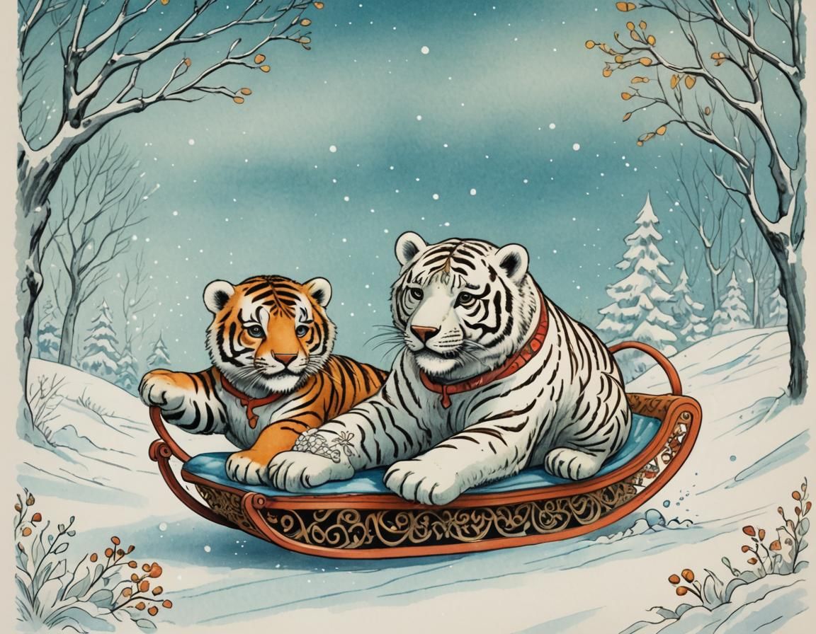 Whimsical Winter Friends Enjoy Sleigh Ride in Delicate Ink I...