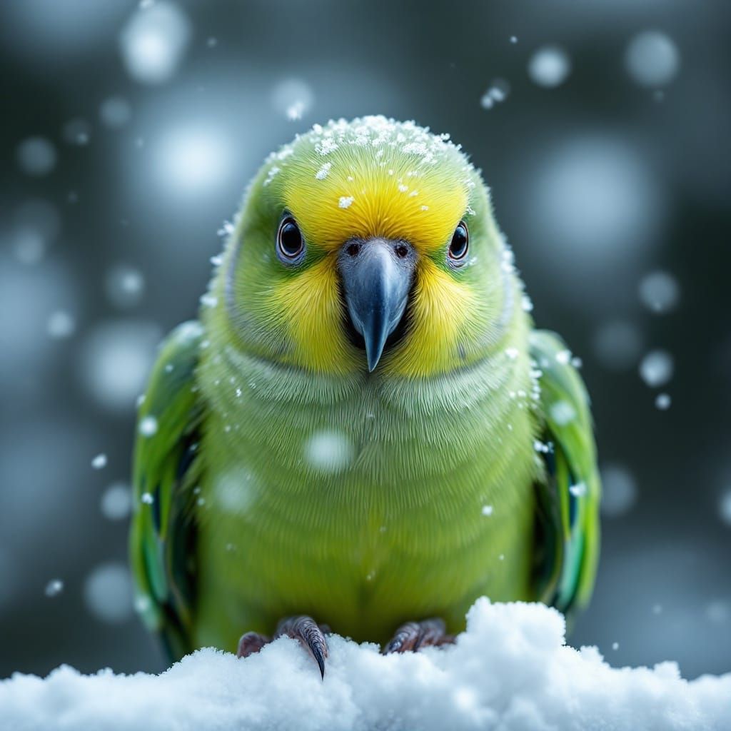 Vibrant Green Parrot in Winter Wonderland