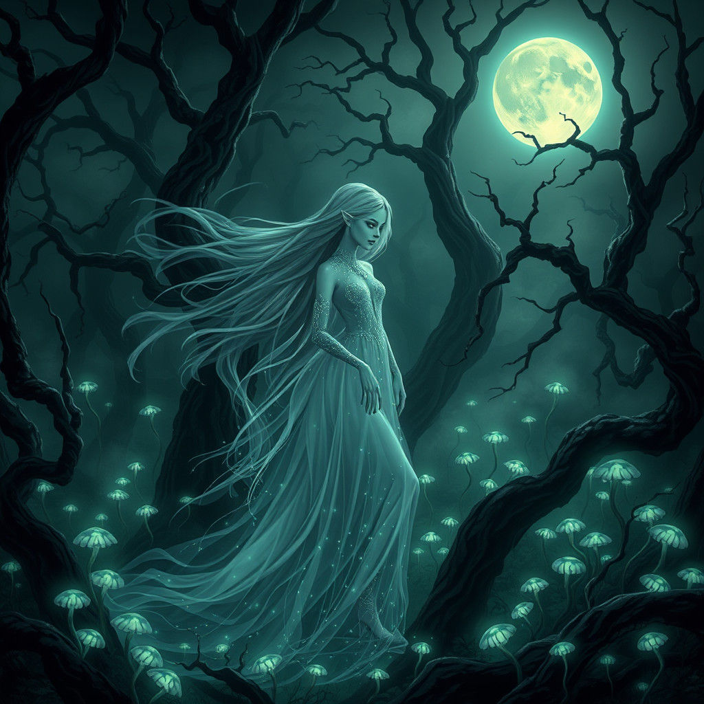 Ghostly Maiden in Enchanted Forest with Bioluminescent Plant...