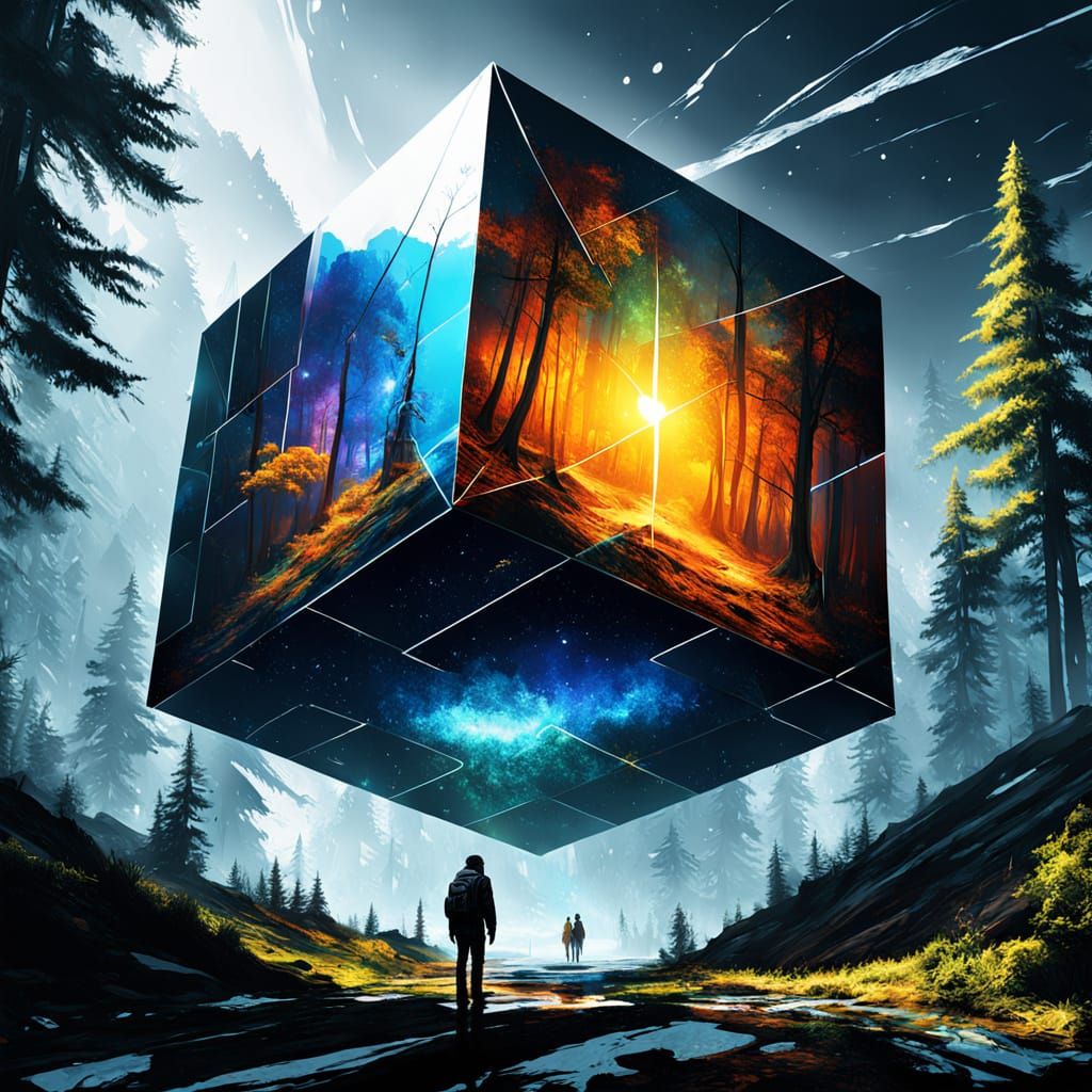 Floating Cube Observes Snow-Covered Landscape in Hyperrealis...