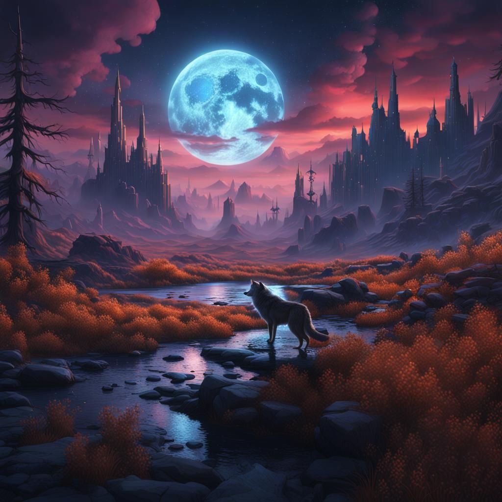 Surreal Wolf Moonlit Scene in Deep Fantasy Colors