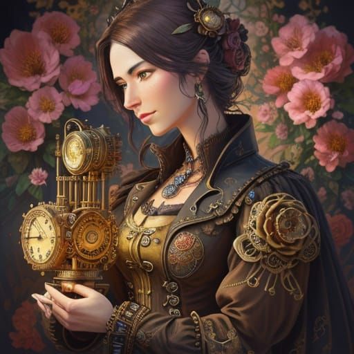 Steampunk Woman With Intricate Engine Amidst Vibrant Flowers