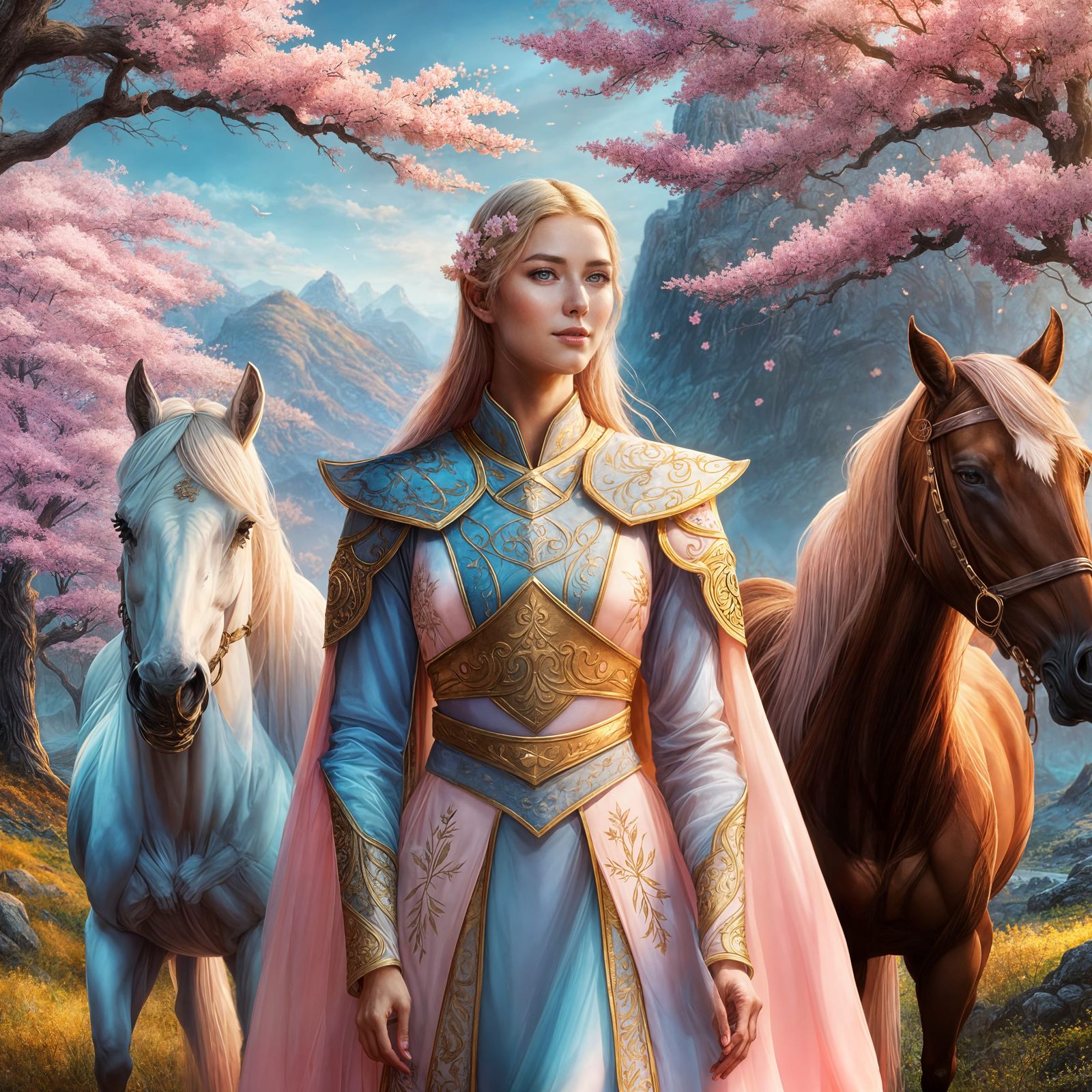 Elven Woman with Horses Under Sakura Tree