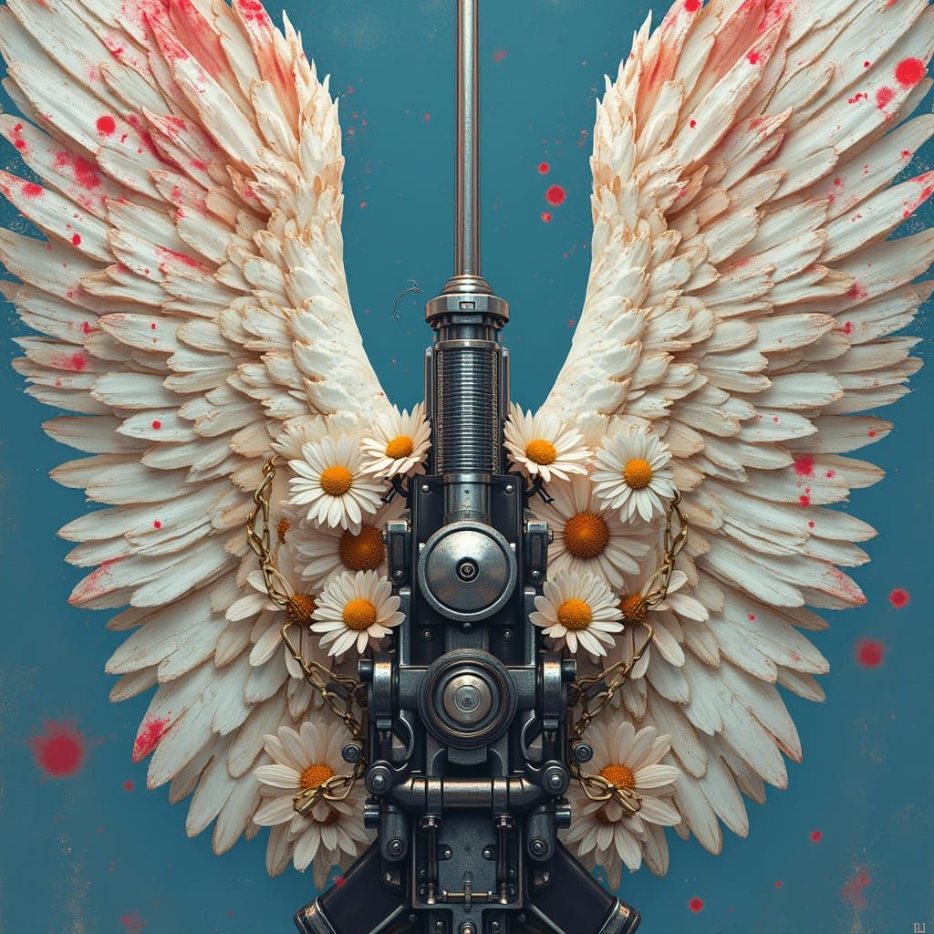 Angel Wings with Gun and Daisies in Abstract Expressionist S...