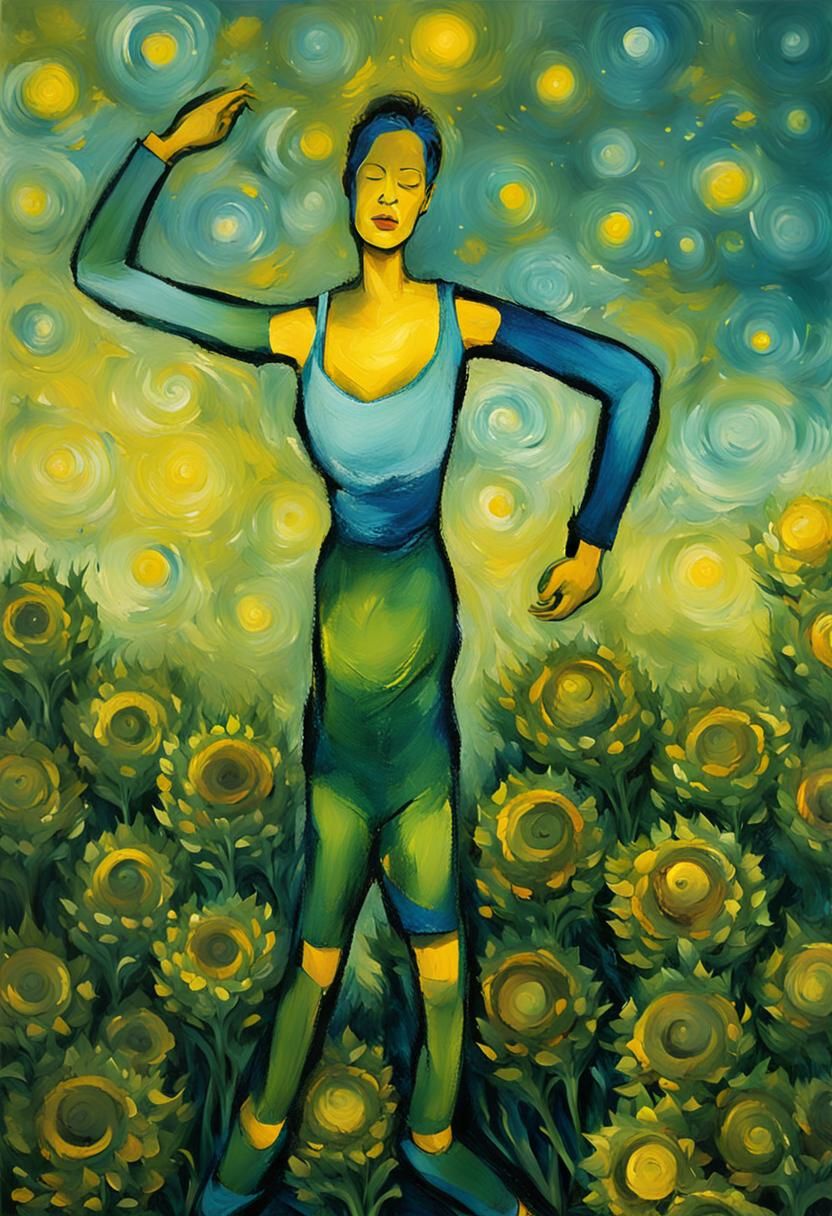 Woman Leaping Over Sunflowers in Abstract Expressionism