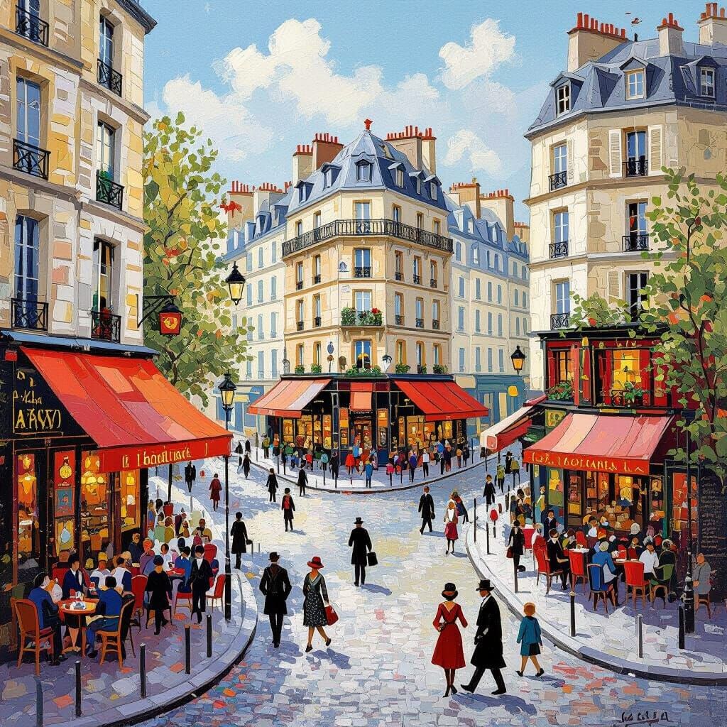 Paris Street Scene Painting in Naive Art Style