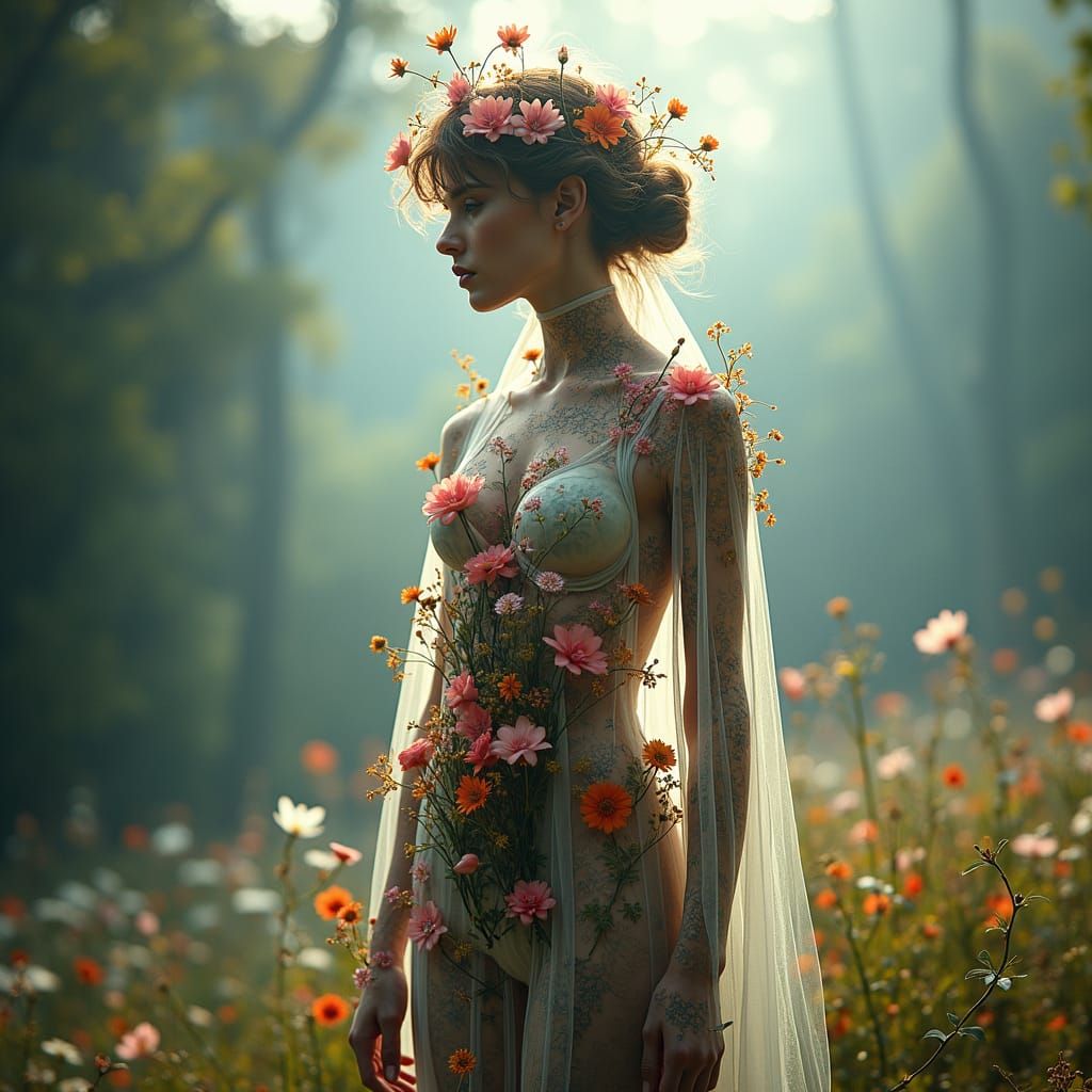 Woman's Transparent Form Filled with Flowers