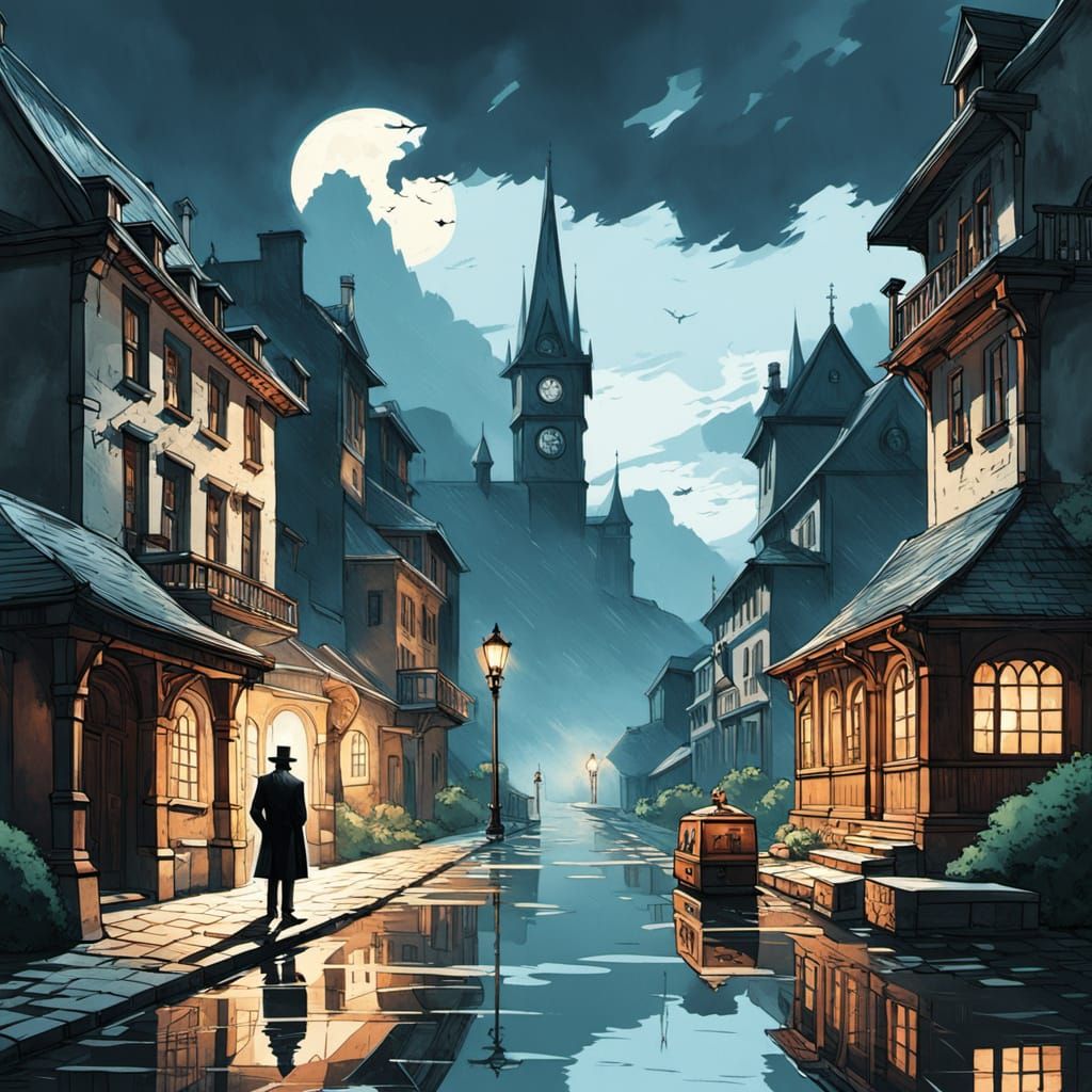 Lone Man on Cobblestone Street at Midnight