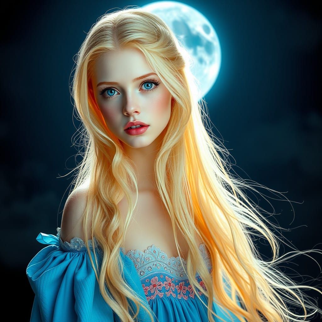 Elegant Girl Stands Amidst Moonlit Sea in a Maximalist Digit...