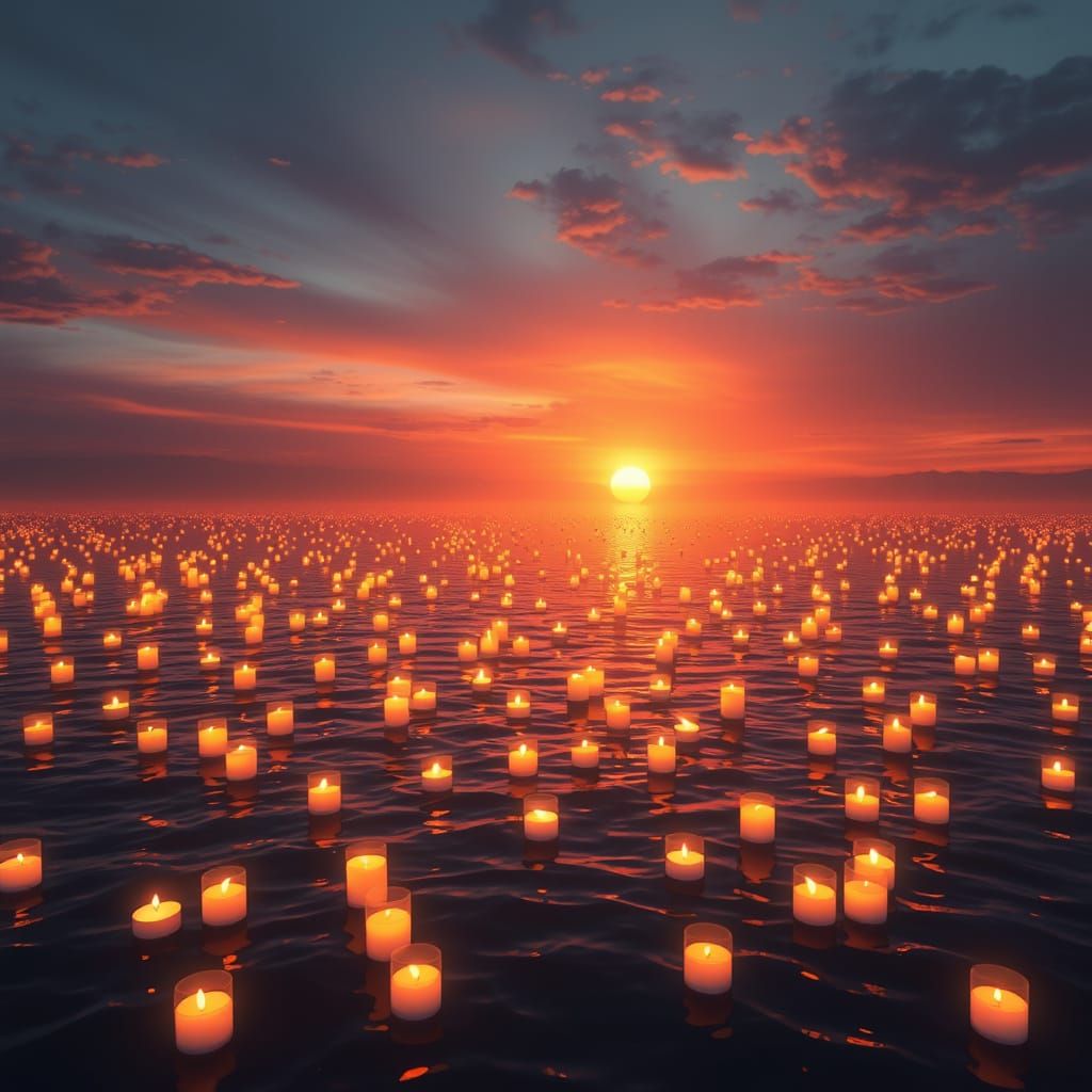 Dreamlike Seascape with Glowing Candles and Sunset