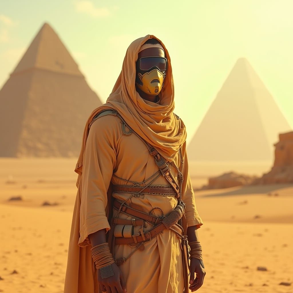 Man in Desert Landscape with Ancient Ruins