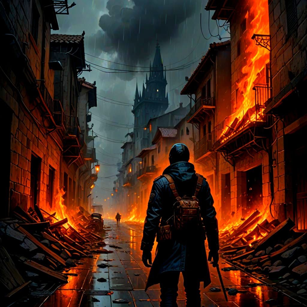 A Young Woman Walks Amidst Ruins and Flames
