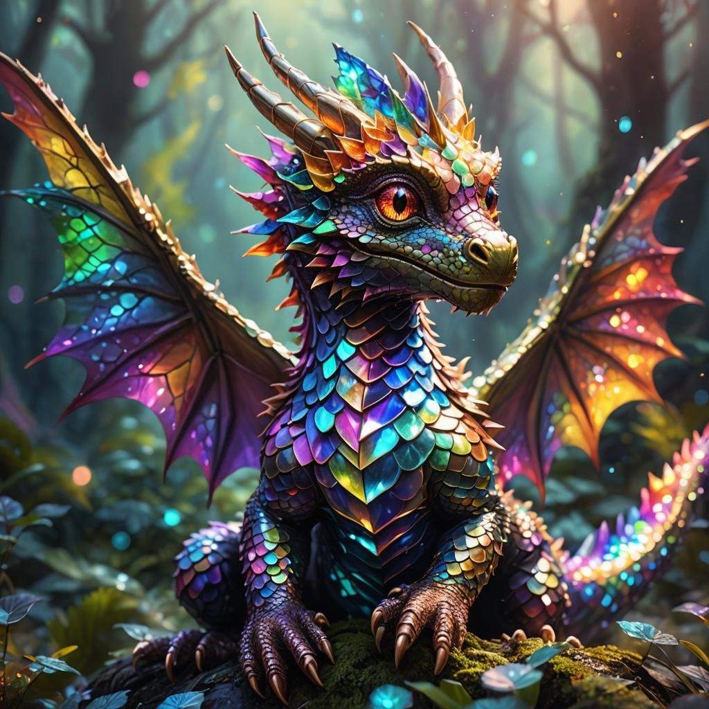 Jewel-Scaled Baby Dragon in Mystical Forest