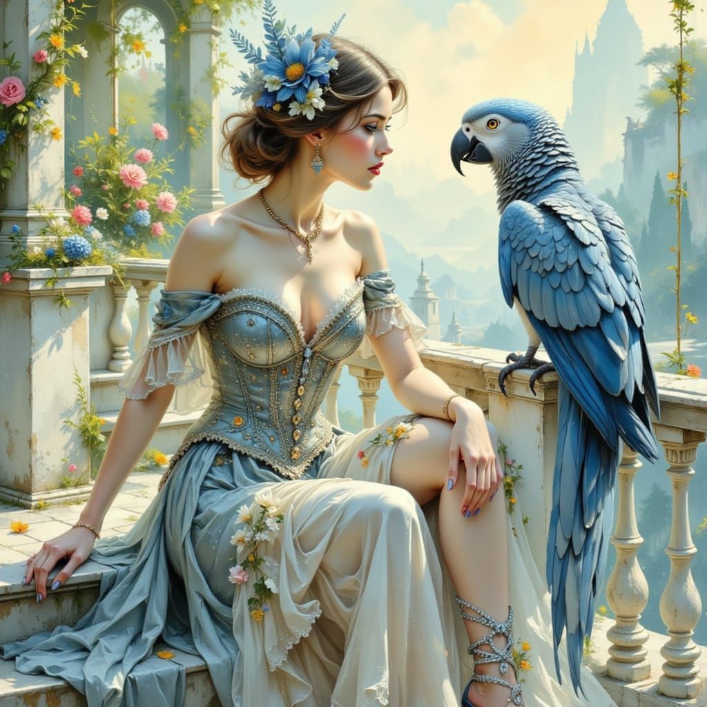 Elegant Woman in Rococo Gown with Blue-Grey Parrot