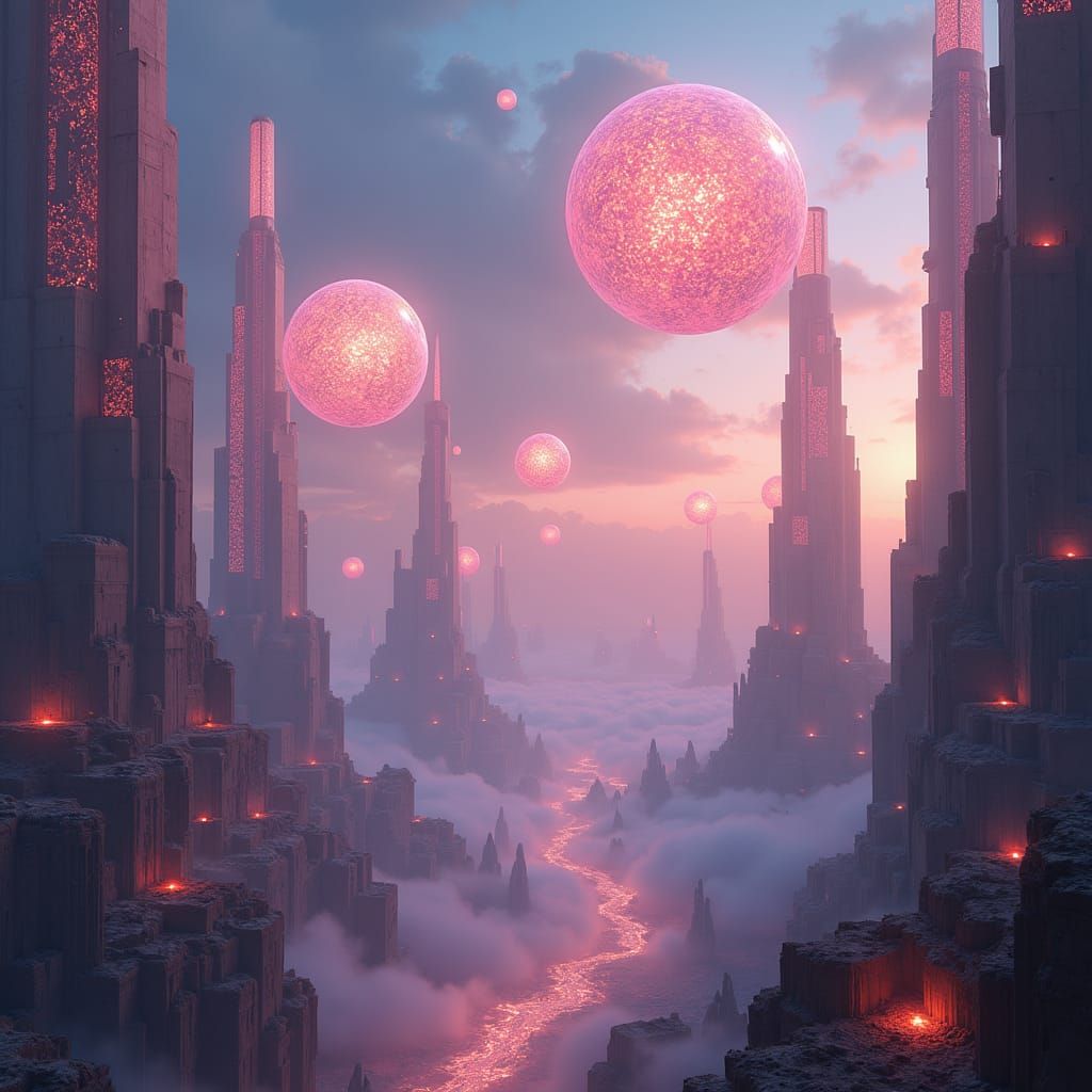 Ethereal Orbs in Mystical Landscape, Digital Matte Painting