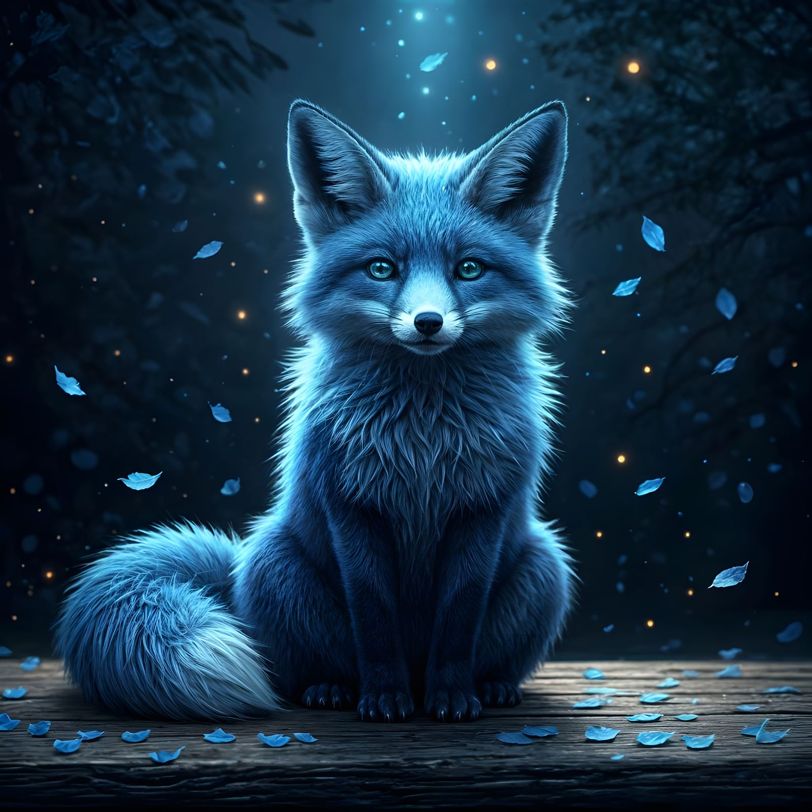 Enchanting Blue Fox with Fireflies and Sakura Petals