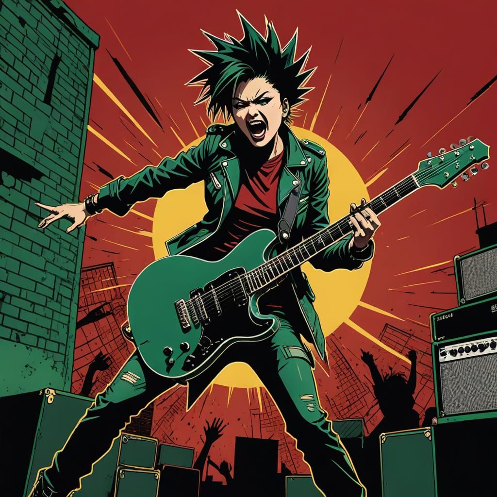 Punk Woman Guitarist in Comic Book Style