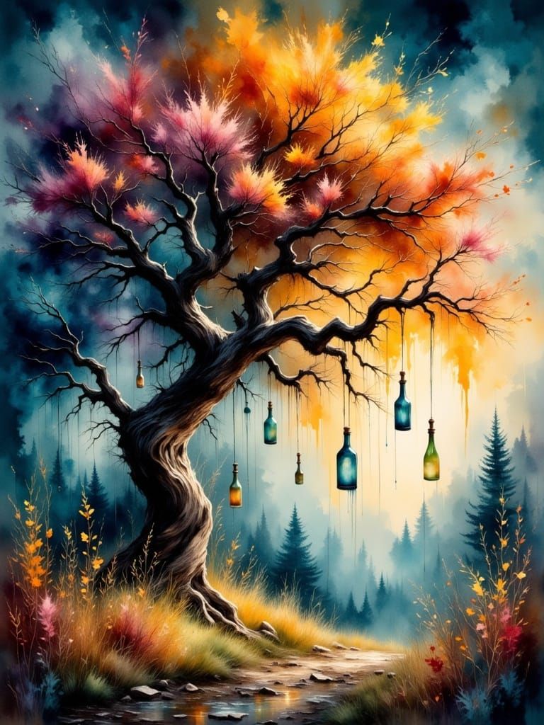 Ethereal Tree with Bottles in Autumnal Night